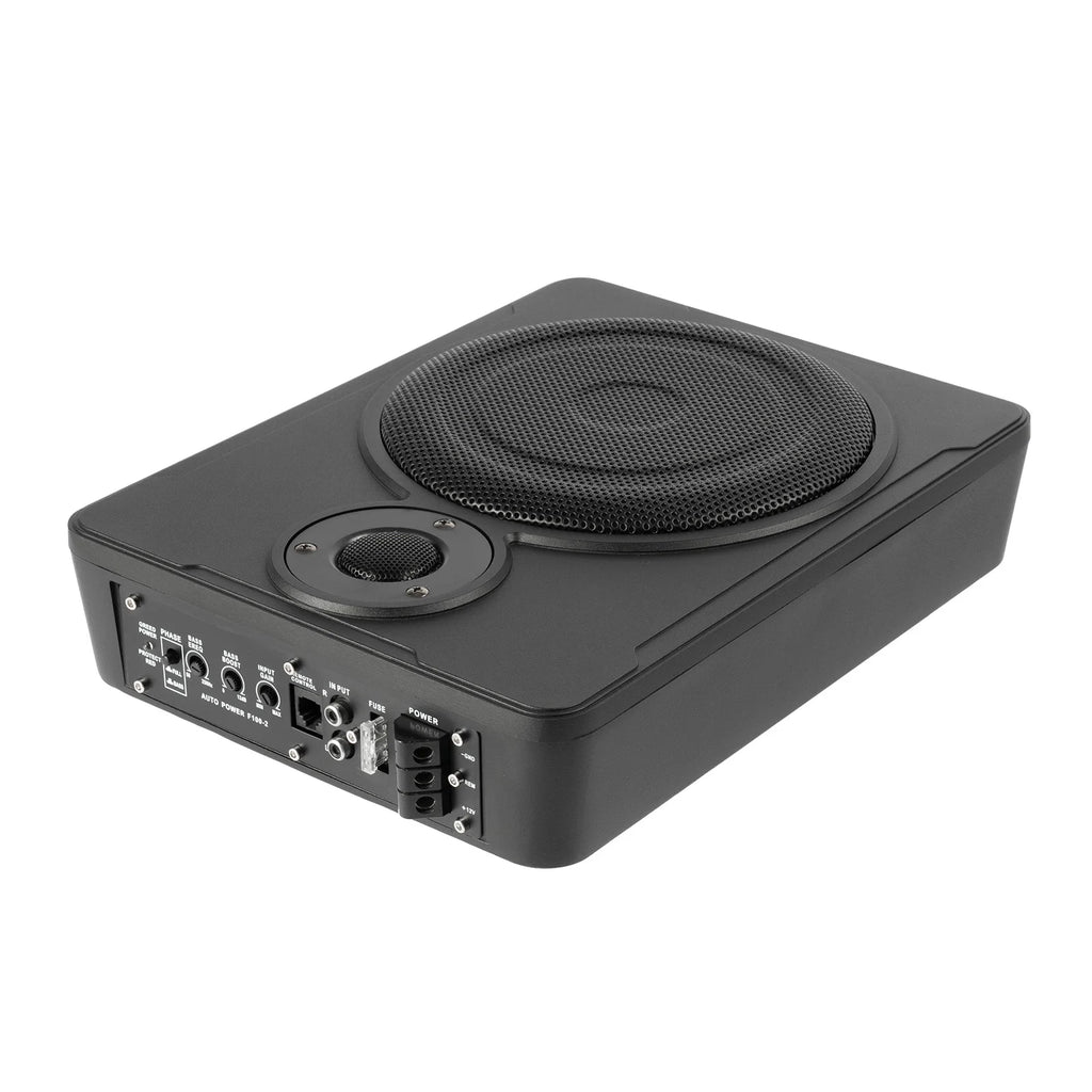 Black subwoofer with control panel on a white background