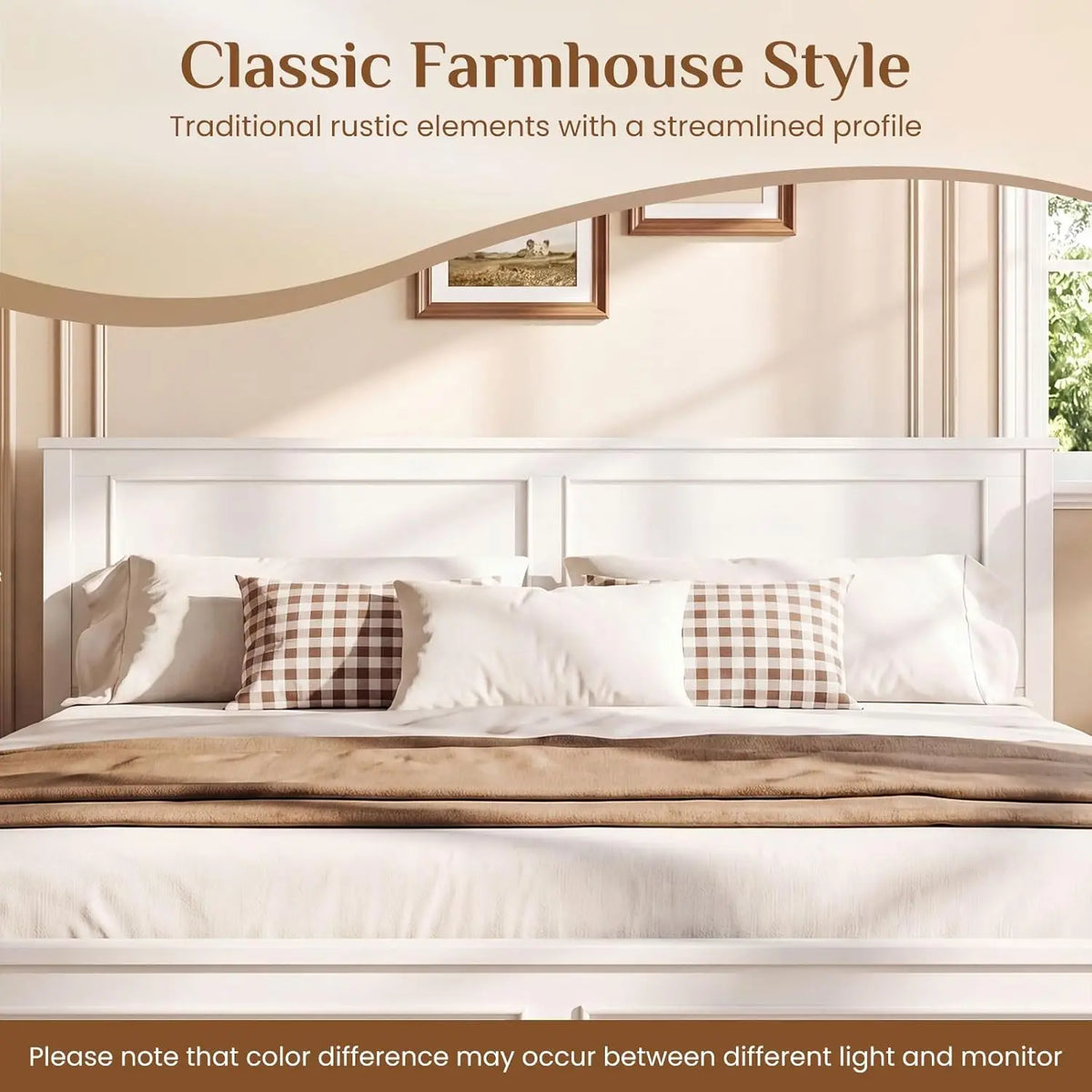 Farmhouse Solid Wood Full Size Bed Frame with Headboard – Platform Bed, Wooden Slat Support, No Box Spring Needed