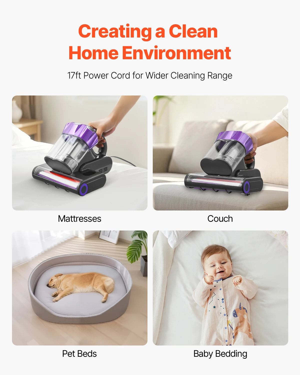 SucceBuy Mattress Vacuum Cleaner – 18Kpa Suction, Dual Dust Bin, HEPA Filter, Heating & Ultrasound