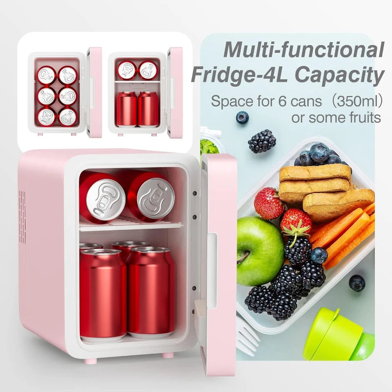 Skincare Fridge with Dimmable LED Light Mirror — 4L Makeup Mini Fridge for Bedroom & Car