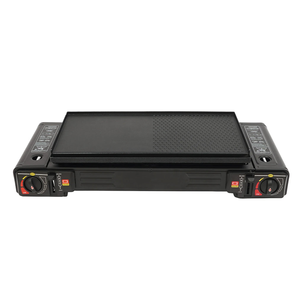 2-Burner Portable Camping Stove — 2500W Each, Butane/LPG, Piezo Ignition, Carry Case Included