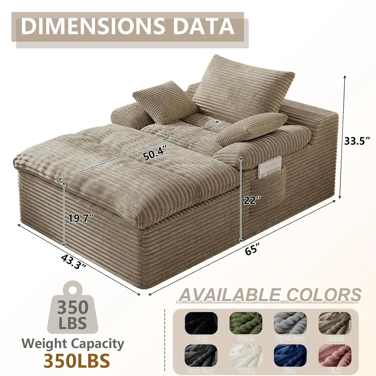 Oversized Corduroy Chaise Lounge with Cup Holders