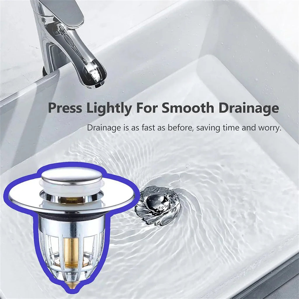 No More Clogged Drains — Pop-Up Chrome Sink Drain Stopper | Universal Rebound Filter with Hair Catcher, Easy Push Type