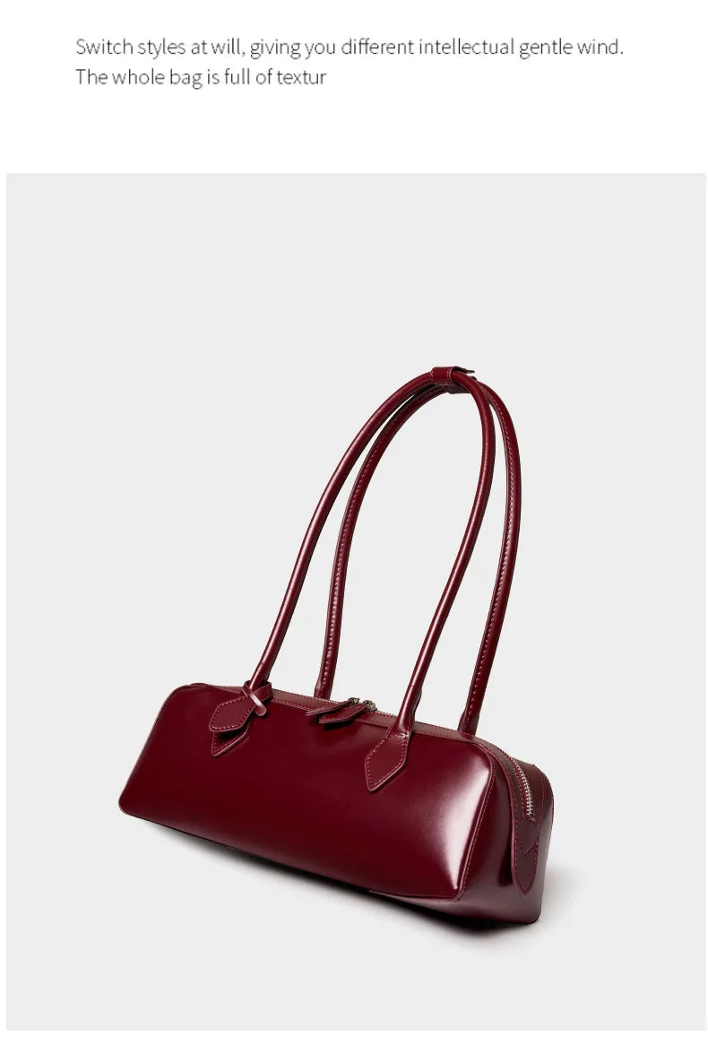 Vintage Genuine Leather Baguette Shoulder Bag – Korean Luxury Underarm Handbag for Women