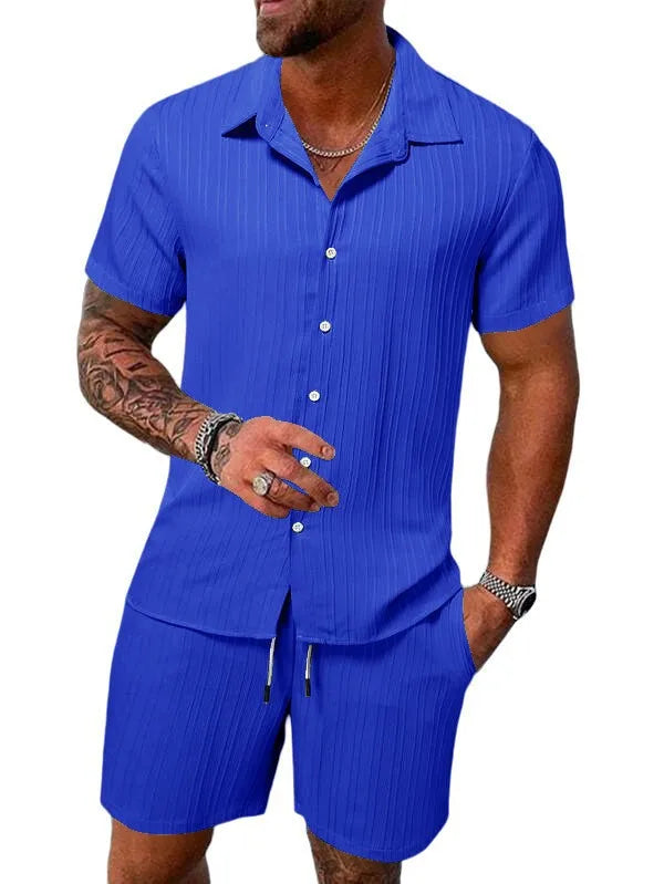 Men's Striped Polo Cardigan & Drawstring Shorts Sports Suit – Solid Color 2-Piece