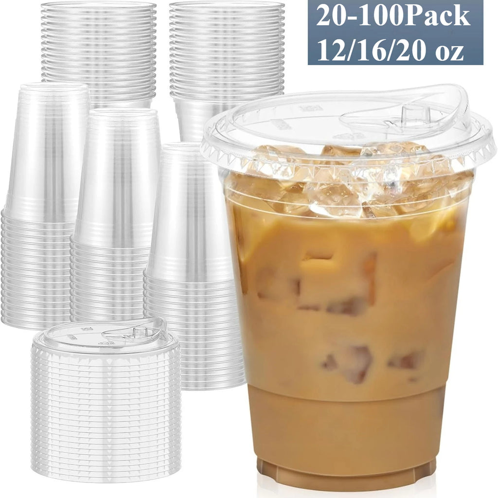 Clear Disposable Plastic Cups with Sip Lids – Iced Coffee & Smoothie Cups, 12/16/20oz, 20 or 50 Pack
