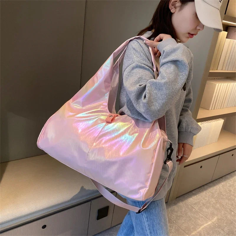 Large Capacity Gym Travel Shoulder Tote Bag – Multi-Function Ruched Cotton Handbag for Women