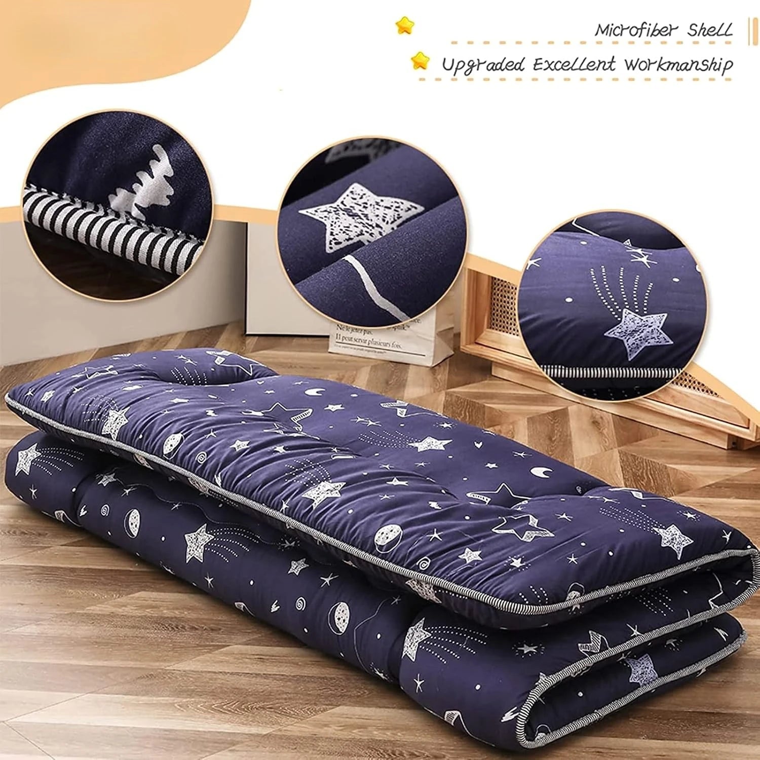 Navy Star Queen Size Foldable Japanese Floor Futon Mattress, Portable Tatami Sleeping Mat for Camping & Indoor Use