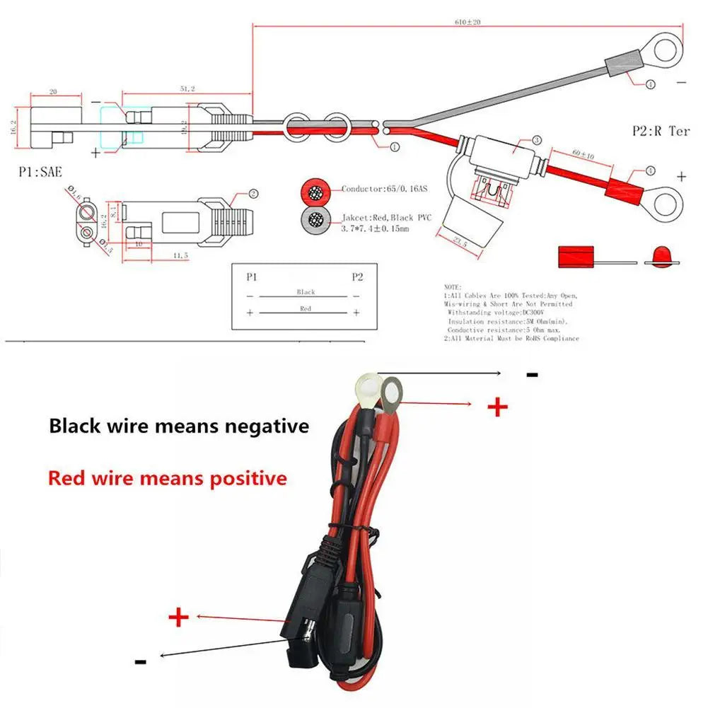 Motorcycle Battery SAE Quick Extension Cable – 10A Fuse O-Connector Battery Charger Adapter