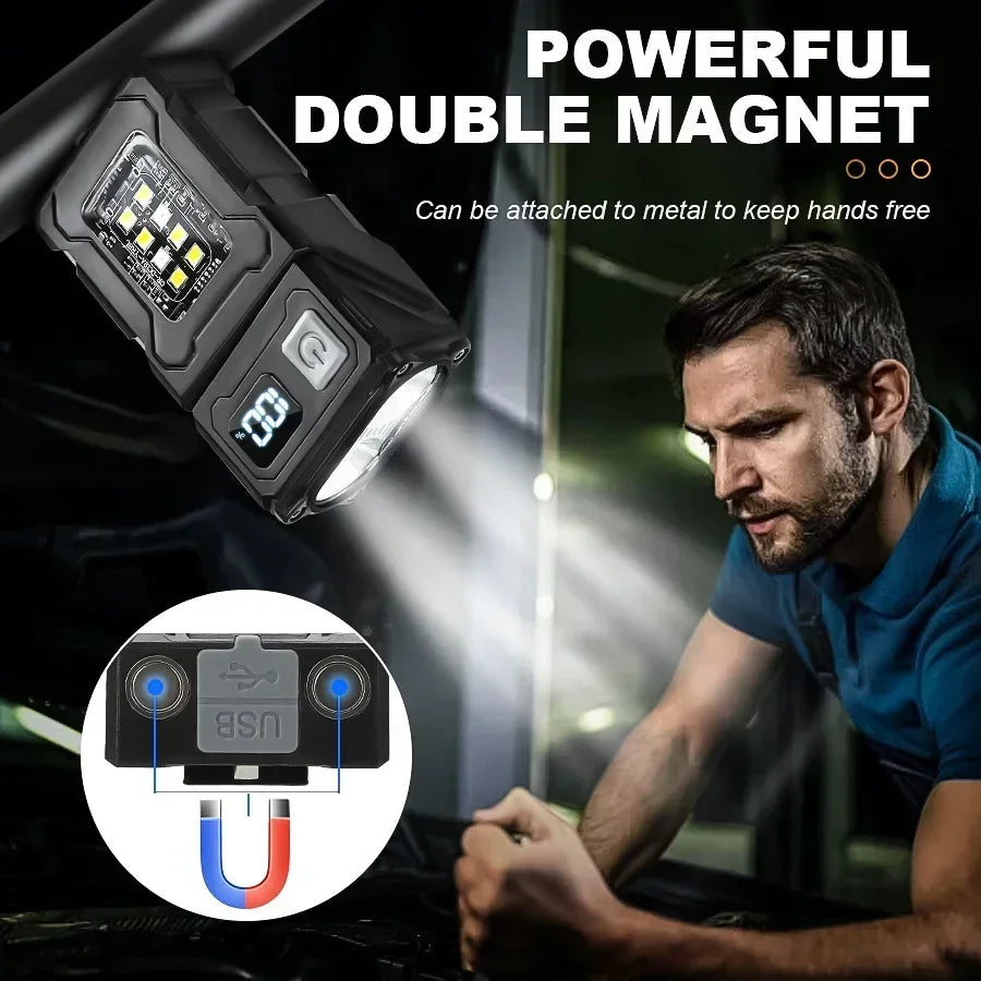 Mini USB Rechargeable LED Flashlight – COB Side Light, Magnetic Tail & Emergency Camping Lantern