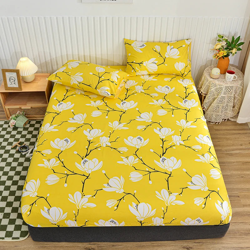 White Marble Print Fitted Bed Sheet with Elastic Band | Single, Queen & King Size, All-Around Bed Cover