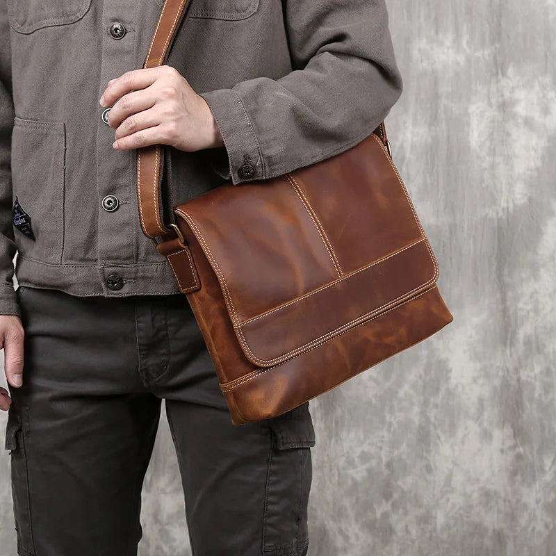 NZPJ New Leather Men's Shoulder Bag Retro Top Layer Cowhide A4 File Men's Bag Brown Handmade Crazy Horse Leather Messenger Bag
