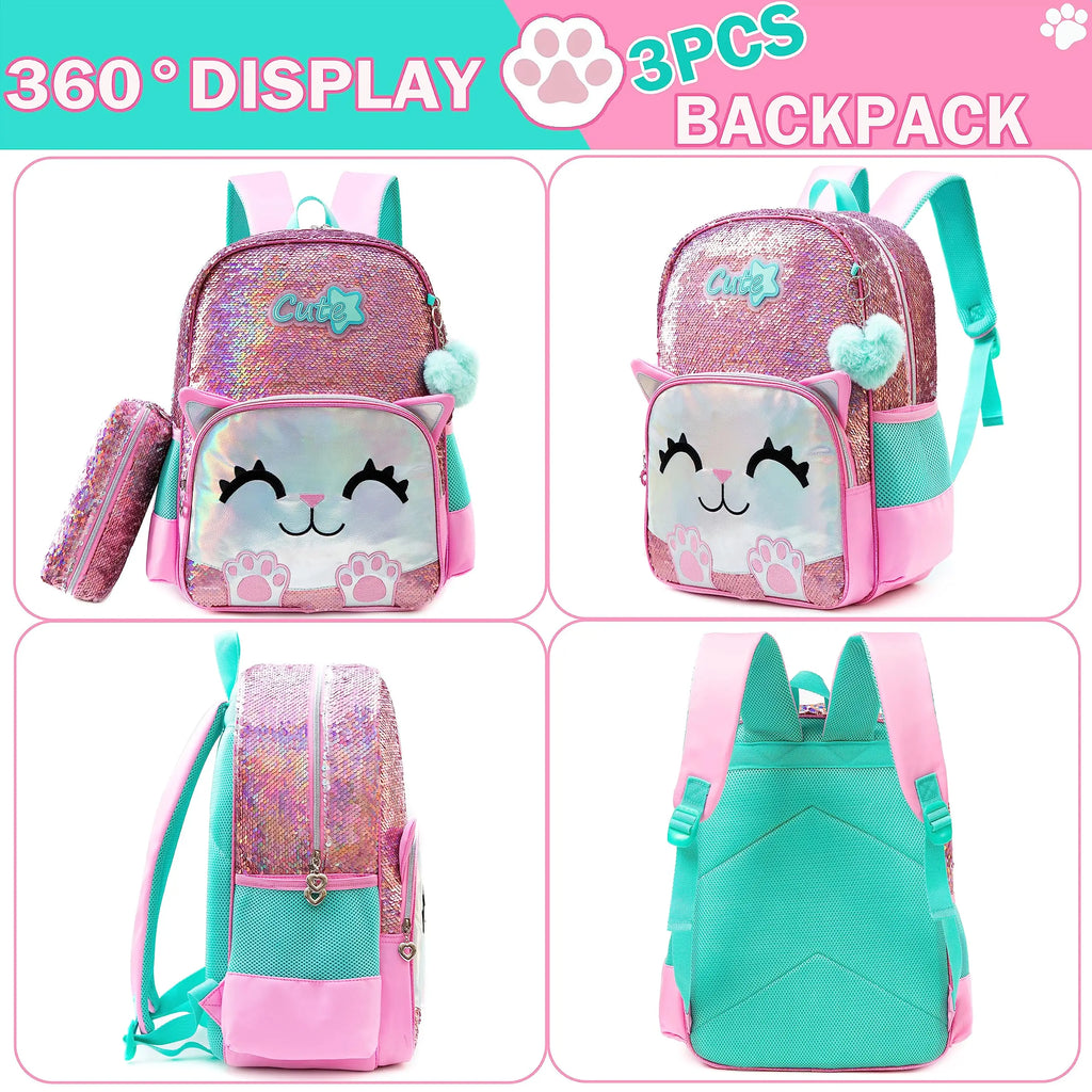 Pink Cat Backpack Set – Sequin School Bag, 3 Pieces