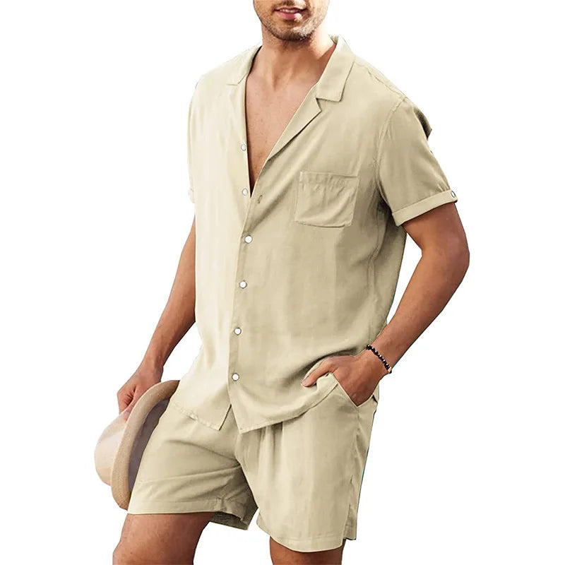 Men's Cotton Linen Short Sleeve Shirt & Shorts Set – Breathable Casual Beach Pajama 2-Piece