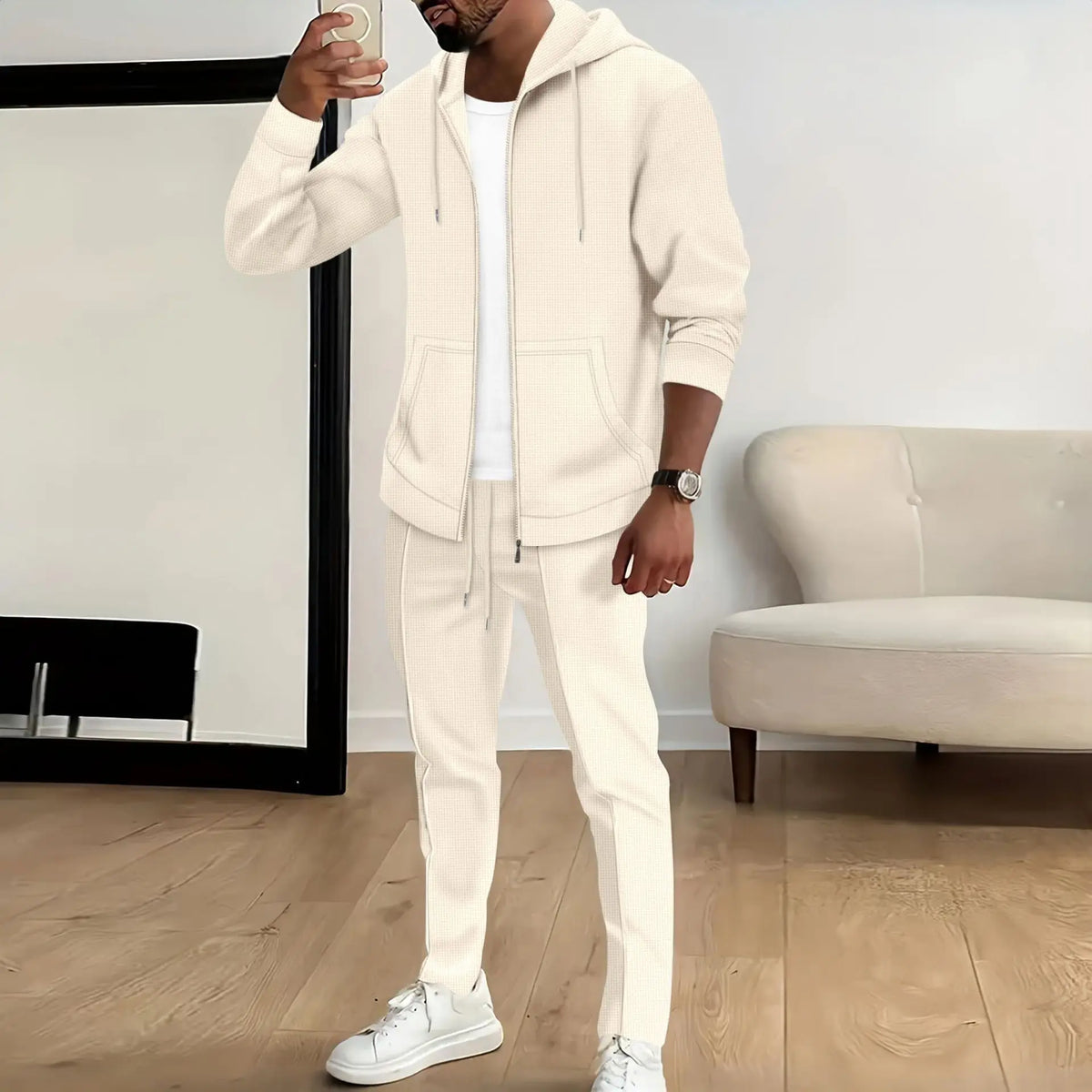 Men's Waffle Knit Slim-Fit Hooded Cardigan & Pants Tracksuit
