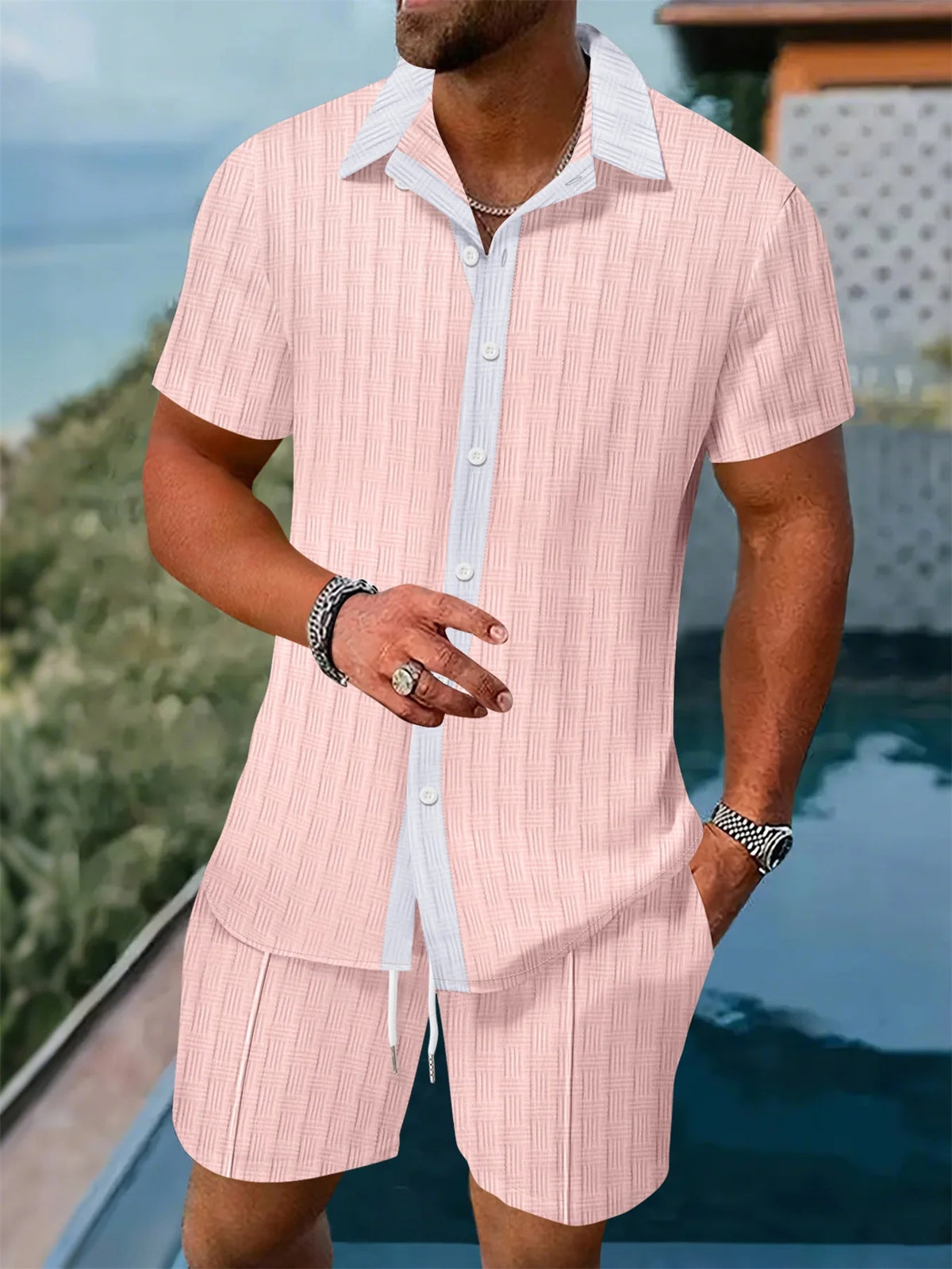 Men's Striped Short Sleeve Shirt & Drawstring Shorts Set – Hawaiian Beachwear