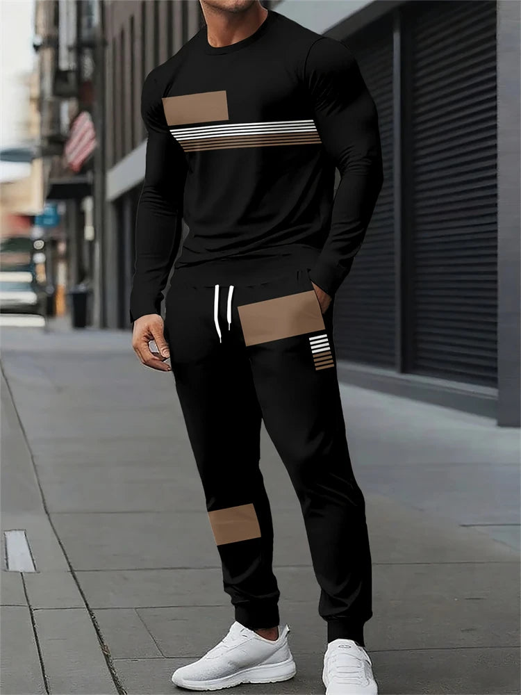 Men's Letter Print Round Neck Short Sleeve & Drawstring Long Pants Plus Size 2-Piece Outfit