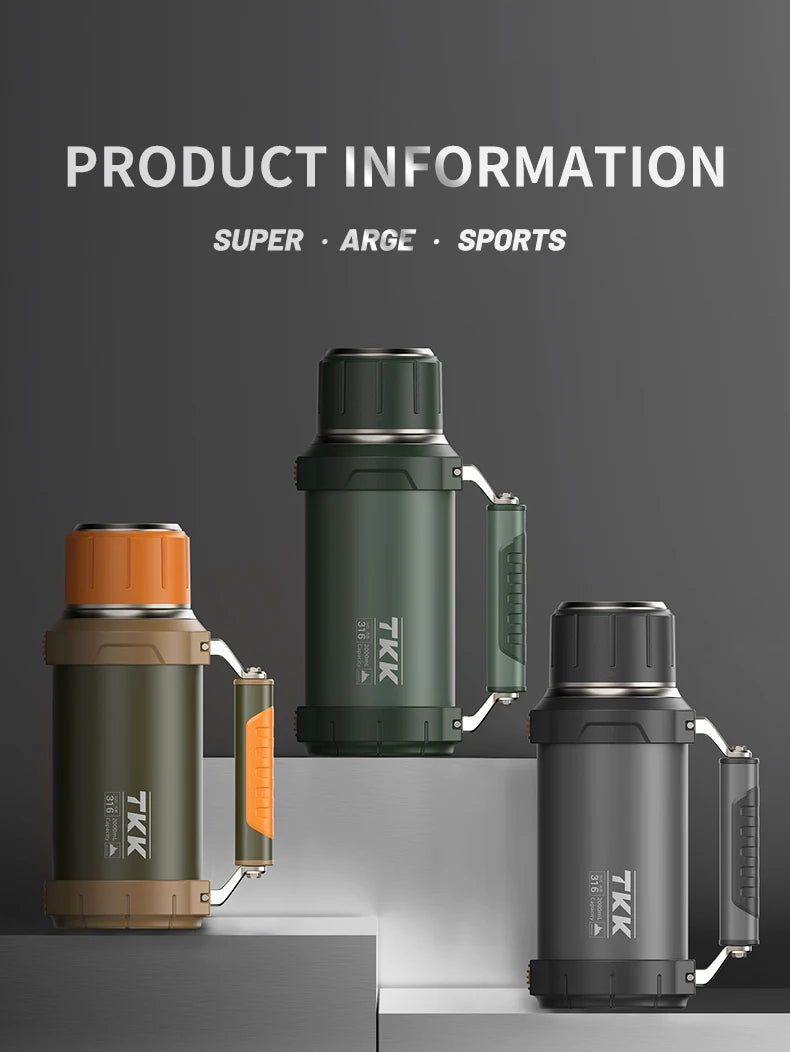TKK 2000ml 316 SS Vacuum Thermos Flask with Rope – BPA-Free, Hot & Cold, Ergonomic Spout, 68oz Large Capacity