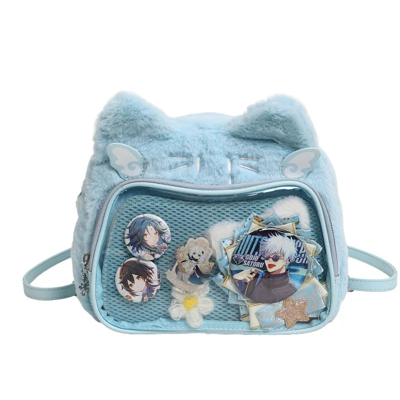 Furry Plush Kawaii Cat Ita Backpack – Cute Student Crossbody Bag for Women