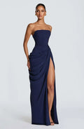 Strapless Pleated Evening Gown — Off-Shoulder Backless High Waist Split Dress