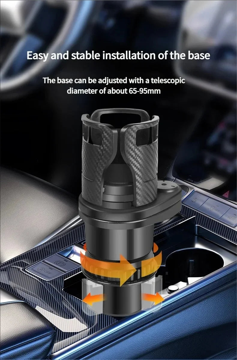 A black and gray carbon-fiber-texture cup holder base shown installed in a car center console, with overlaid text describing easy installation and adjustable telescopic diameter, plus orange arrows indicating fitment.