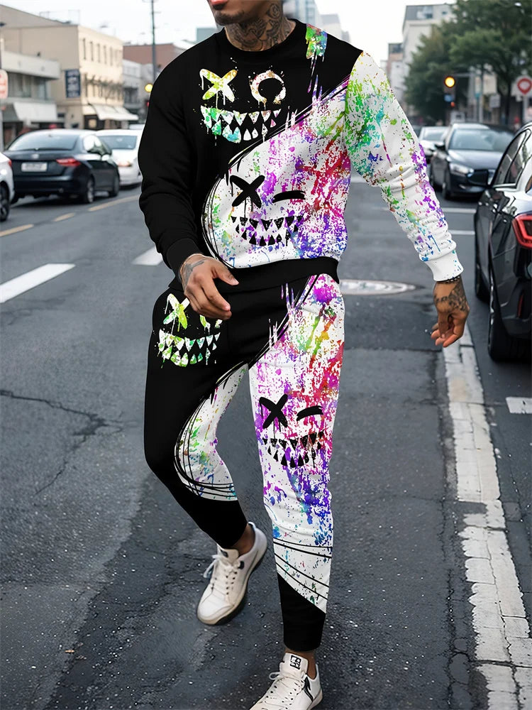 Men's Retro Quilted Print Long Sleeve T-Shirt & Pants Set – Casual Street Sport 2-Piece
