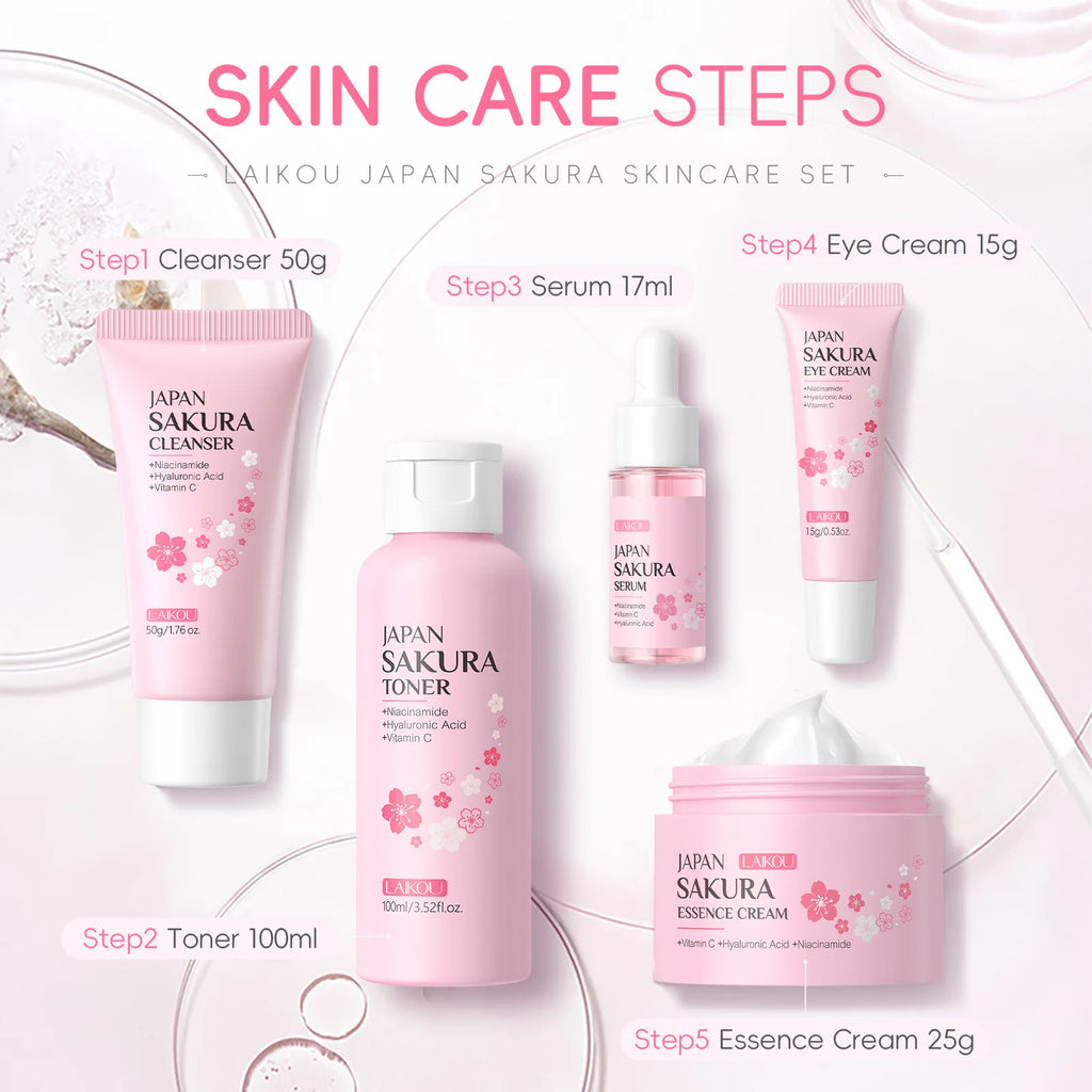 LAIKOU Sakura 5-Piece Korean Skincare Gift Set — Moisturizing & Brightening Routine
