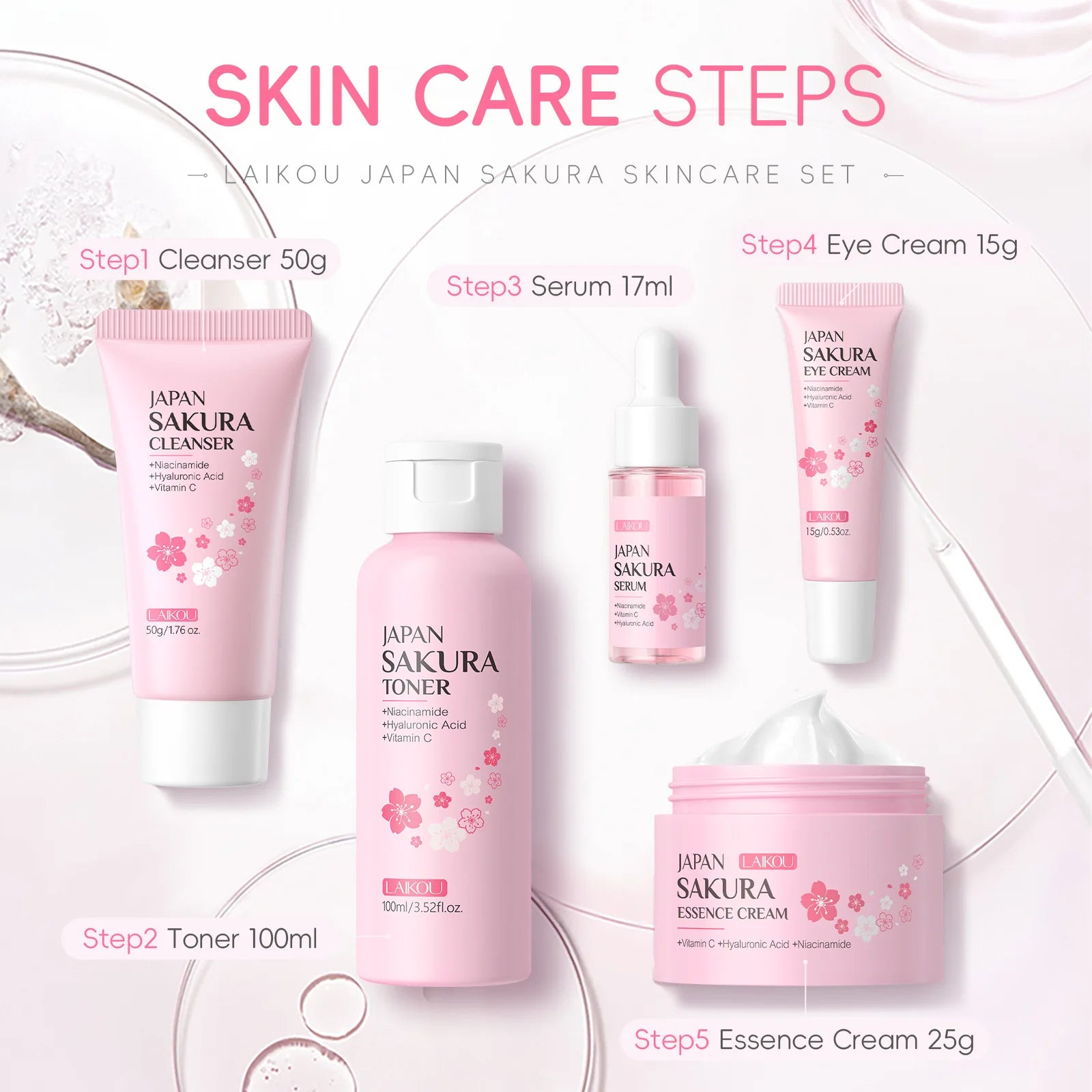 LAIKOU Sakura 5-Piece Korean Skincare Gift Set — Moisturizing & Brightening Routine