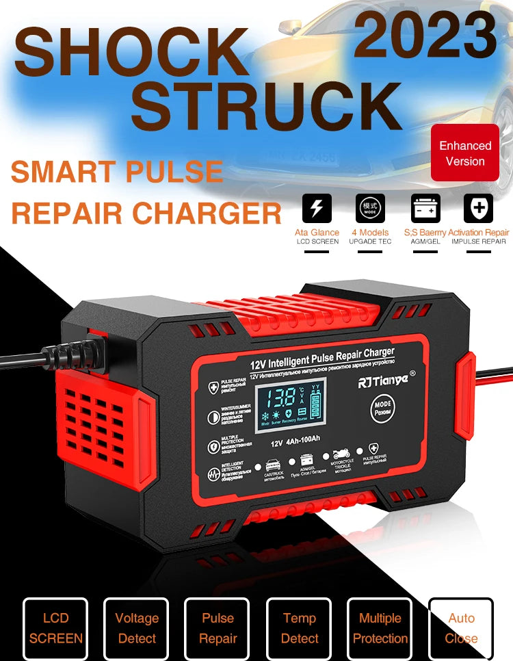 12V 6A Smart Car Battery Charger — LCD Touch Screen Pulse Repair for AGM, GEL & Lead Acid Batteries