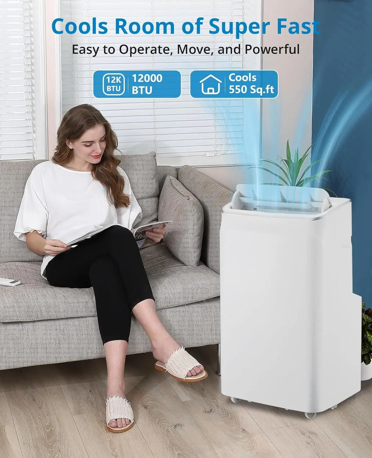 12,000 BTU 4-in-1 Portable Air Conditioner — Ultra Quiet, Dehumidifier, Sleep Mode, Reusable Filter & Remote for Home & Office up to 550 Sq Ft