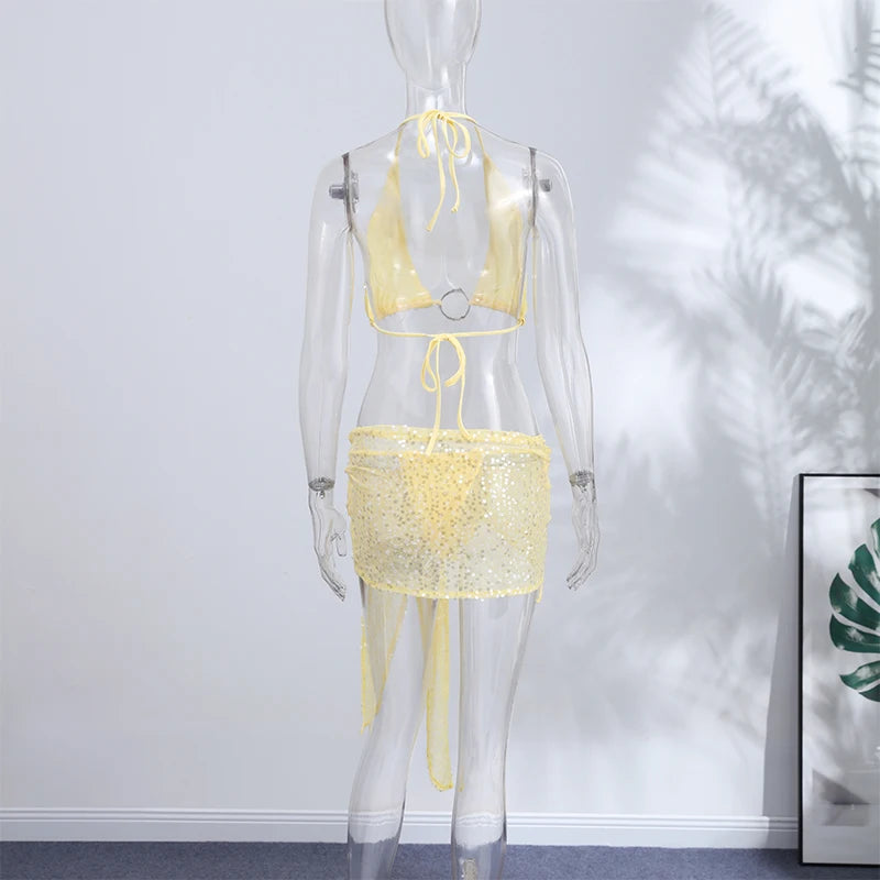 Shiny Sequins Bikini Suit | 3-Piece Hollow-Out Halter, Lace-Up Corset & Mini Skirt, 2026 Summer Beachwear