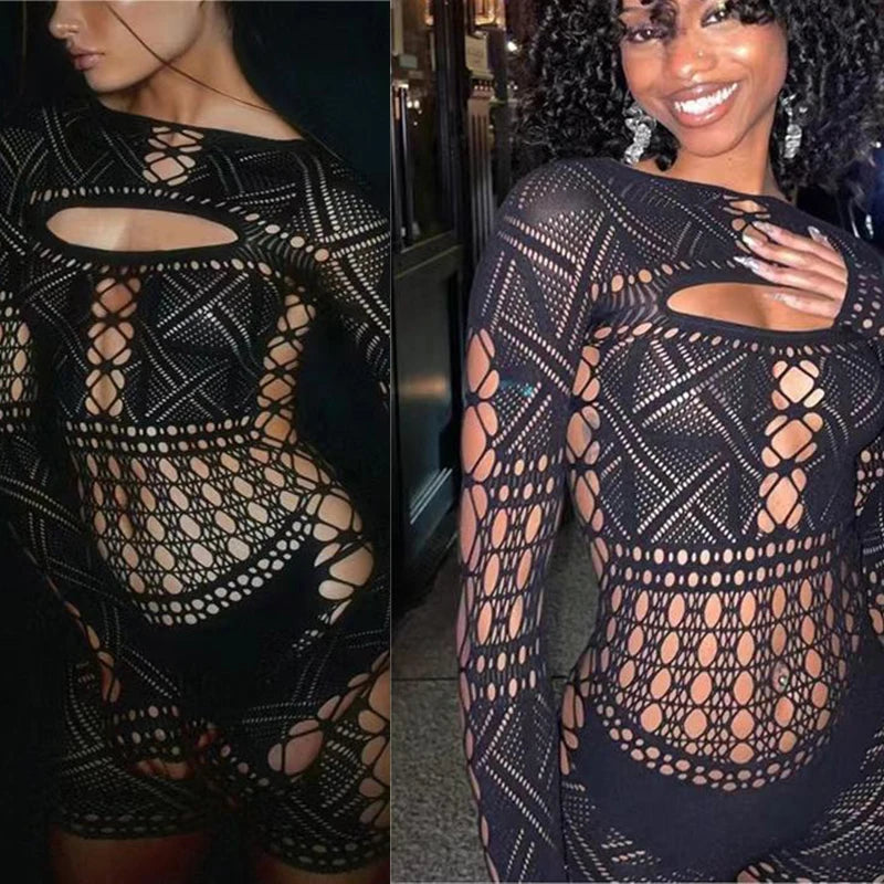 Women's Hollow Out Lace Bodycon Jumpsuit – Sexy Tight Lingerie Long Dress