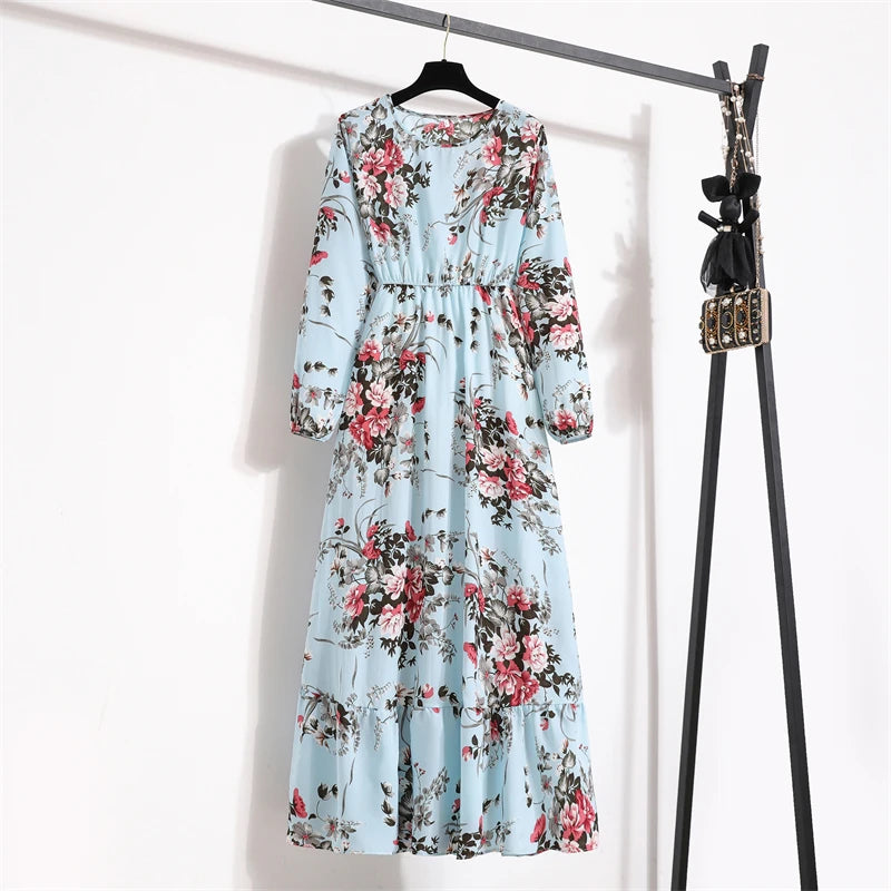 Women Long Dresses Spring Summer Casual Full Sleeve Floral geometry Printed O neck Woman Bohe Beach Party Dress Mujer Vestidos