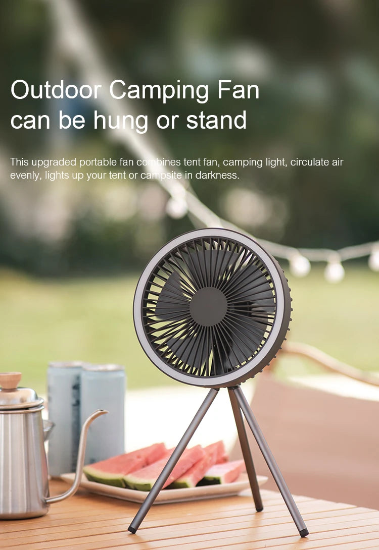 10000mAh Camping Fan – Rechargeable Portable Wireless Ceiling Fan with Power Bank & LED Lighting Tripod