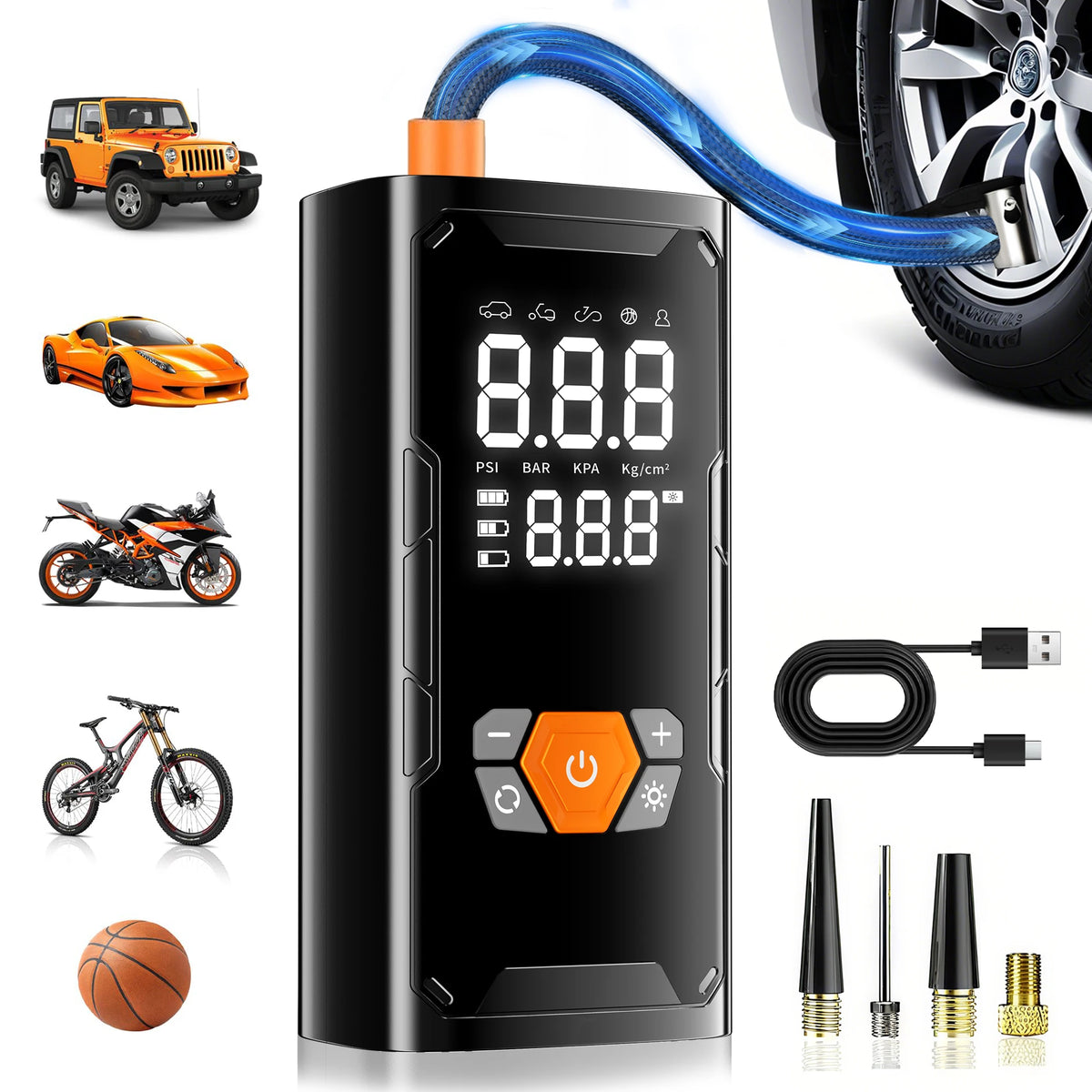 Cordless Tire Inflator with Gauge and LED Light, 150 PSI