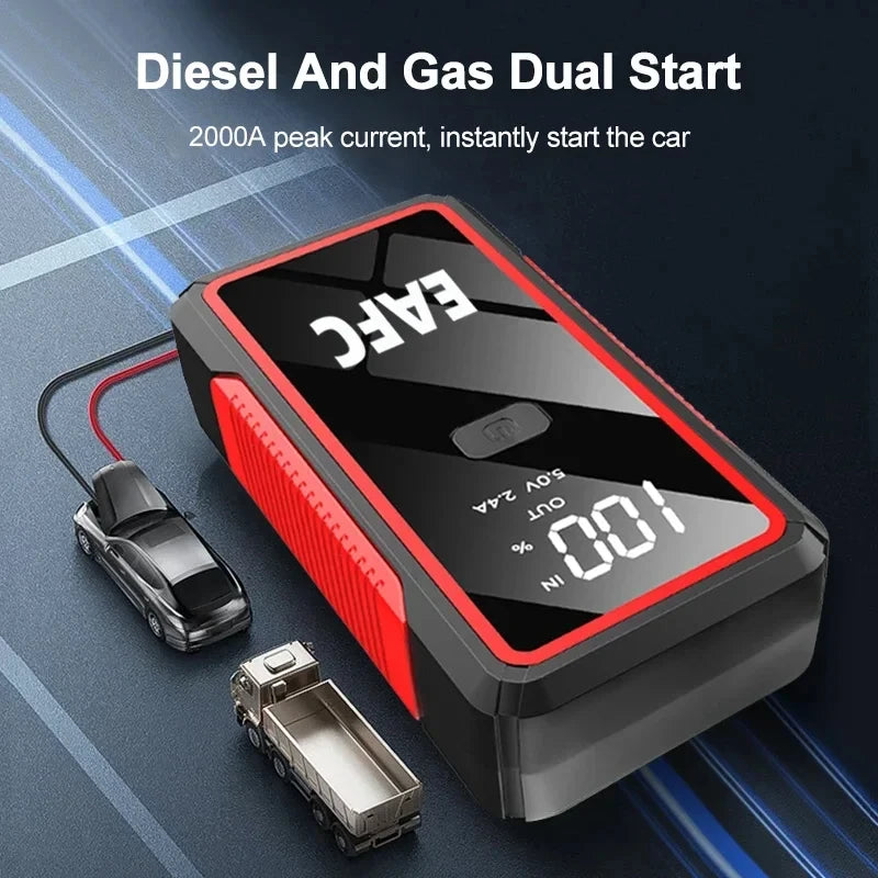 EAFC Portable Car Jump Starter — 600A–2000A Peak, 12V Battery Booster & Power Bank with LED Light