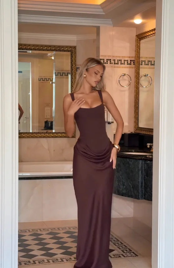 Square Neck Pleated Sling Dress — Off-Shoulder Waist-Cinching Slim Evening Gown