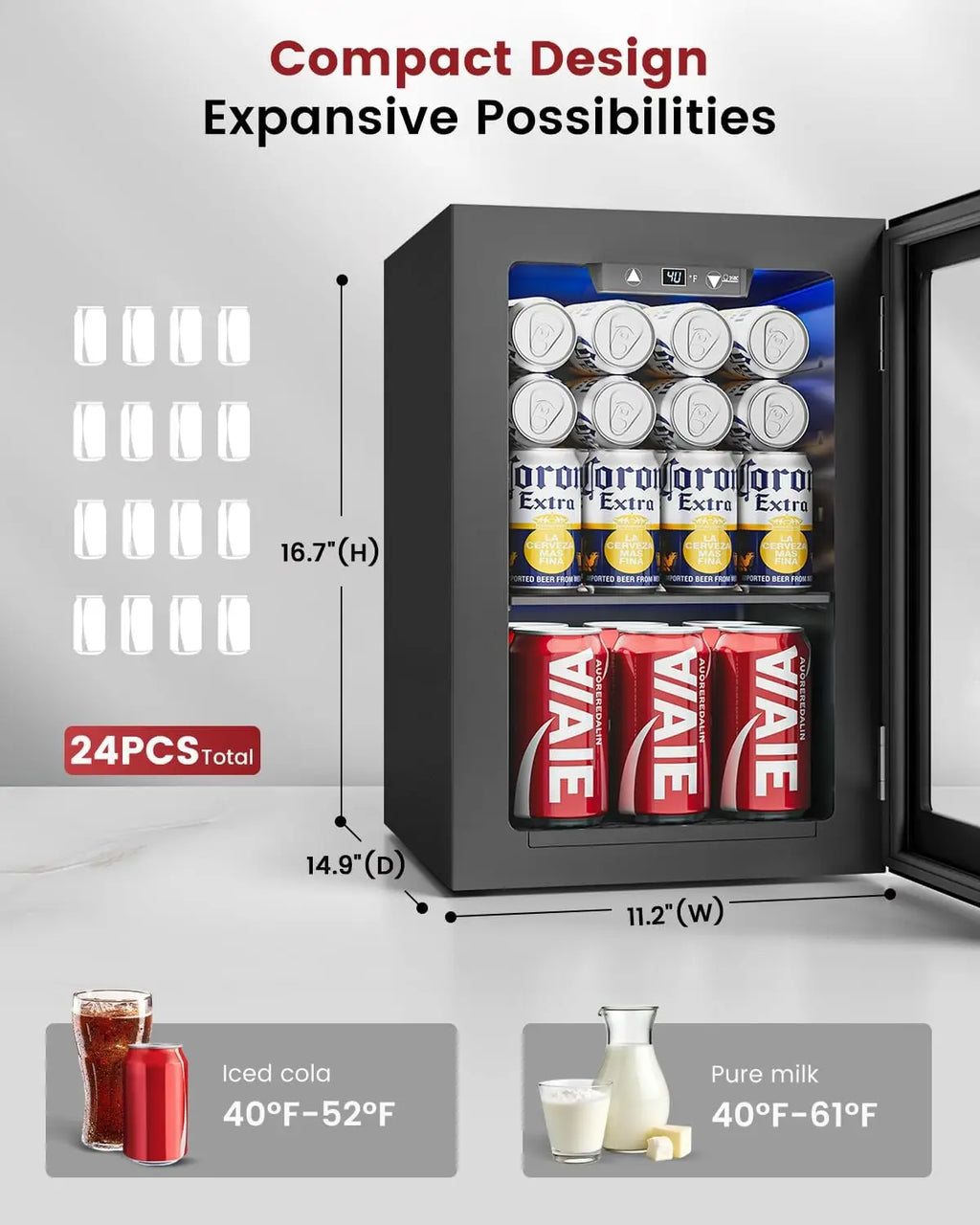 24-Can Mini Fridge with Digital Temperature Control — Compact Beverage Cooler for Soda, Wine & Beer, Black