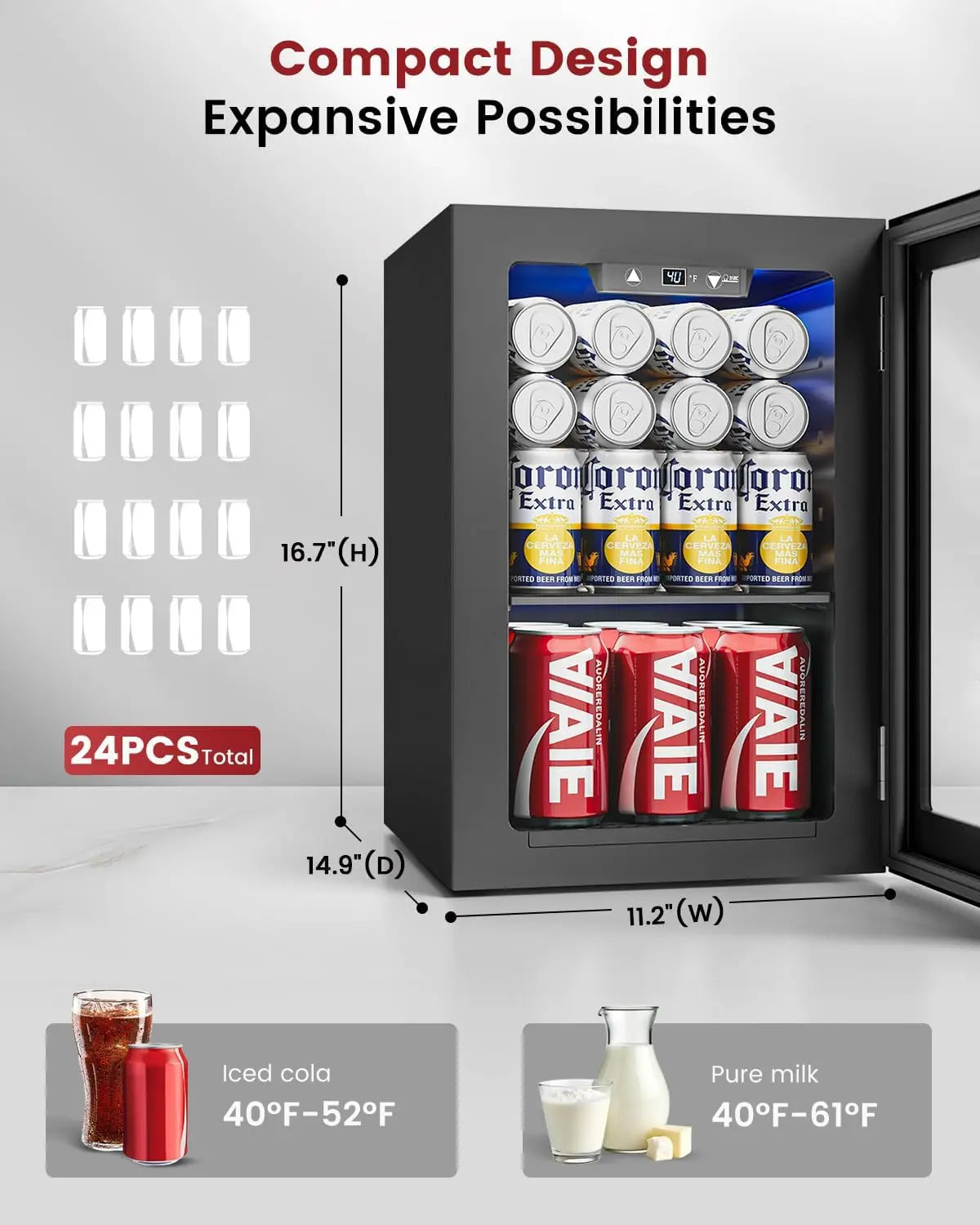 24-Can Mini Fridge with Digital Temperature Control — Compact Beverage Cooler for Soda, Wine & Beer, Black