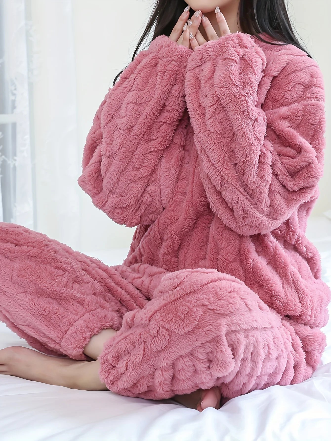 Women's Winter Plush Fleece Pajama Set – Thick Warm Jacquard Loungewear, 6 Colors