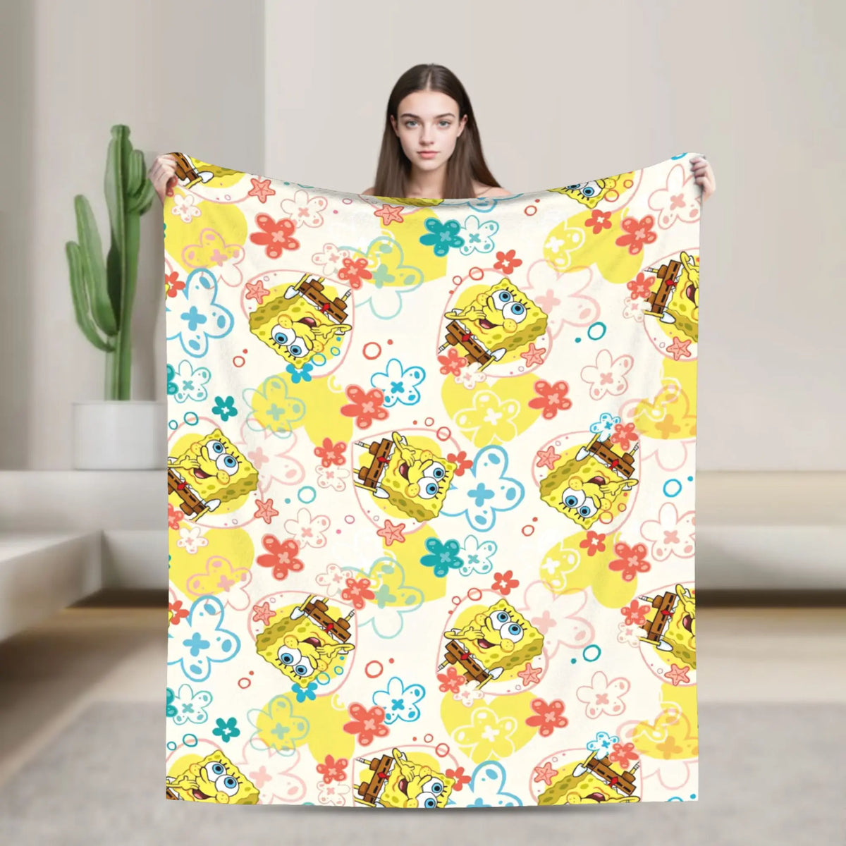 SpongeBob Flannel Throw Blanket – Soft Breathable Character Blanket for Bed, Lounge & Summer