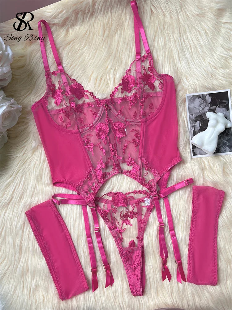Sheer Embroidery Bra & Brief Set — Transparent Lace Underwear Suit
