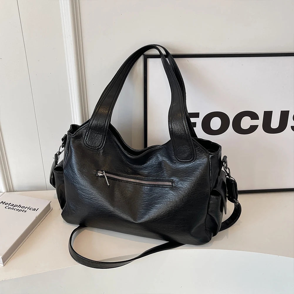 PU Leather Tote Bag with Zipper for Women — Multi-Pocket Shoulder Bag, Retro Crossbody Handbag
