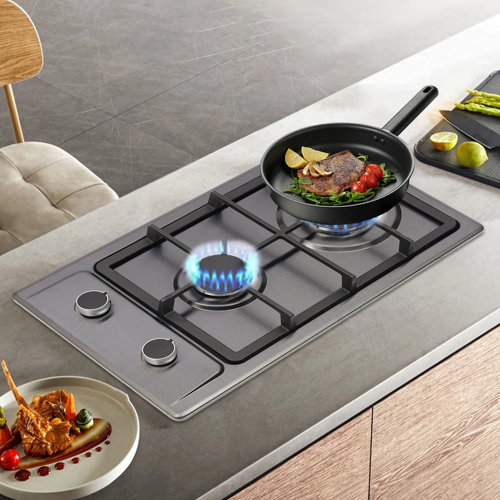 2-Burner Stainless Steel Gas Hob – 3KW + 1.75KW, Portable Countertop or Flush Mounted, 51x31x10cm