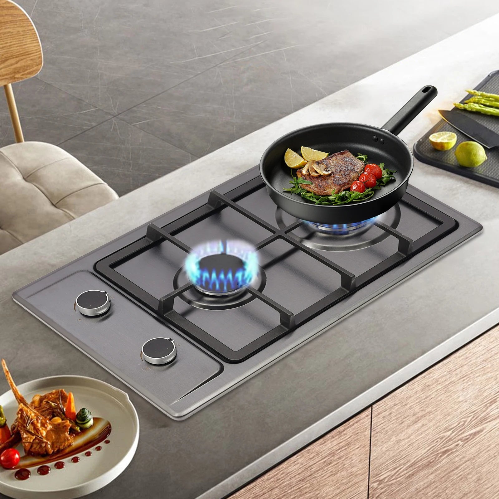 2-Burner Stainless Steel Gas Hob – 3KW + 1.75KW, Portable Countertop or Flush Mounted, 51x31x10cm