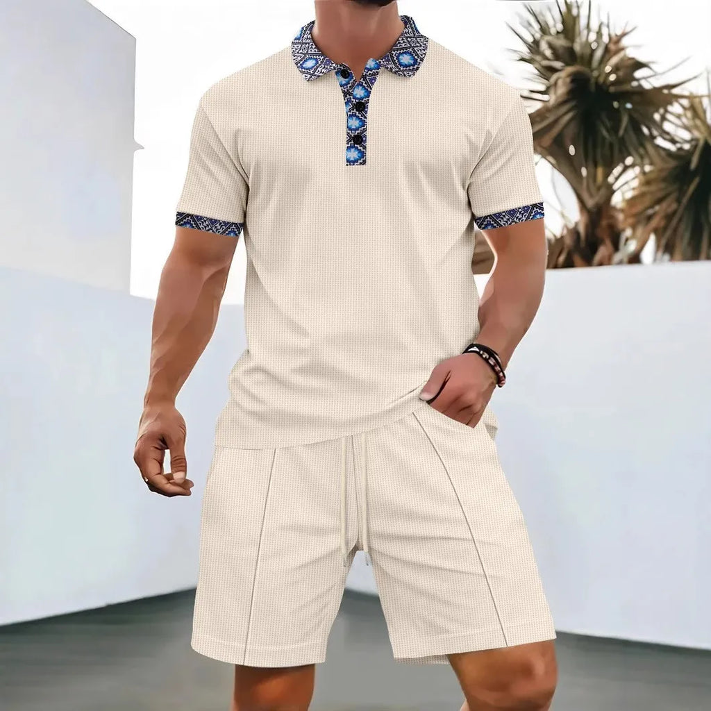 Men's Waffle Solid Color Zip Lapel Short Sleeve & Shorts Set – European Summer 2-Piece Suit