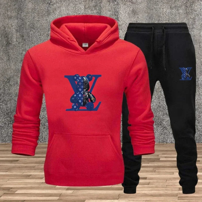 Men's Printed Hoodie Sweatshirt Set – 2-Piece Fleece Jogging Tracksuit