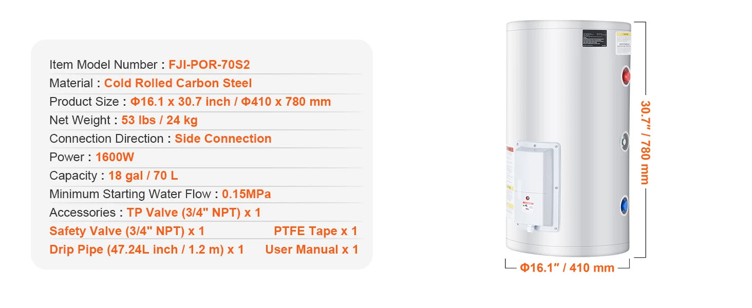 Electric Water Heater Tank 40/70L — 1.6kW Instant Hot Water with LED Display, IPX4