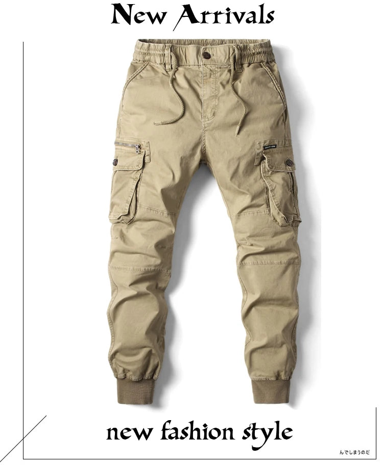 Men's Cotton Cargo Pants — Multi-Pocket Tactical Joggers in Khaki, Black & Army Green