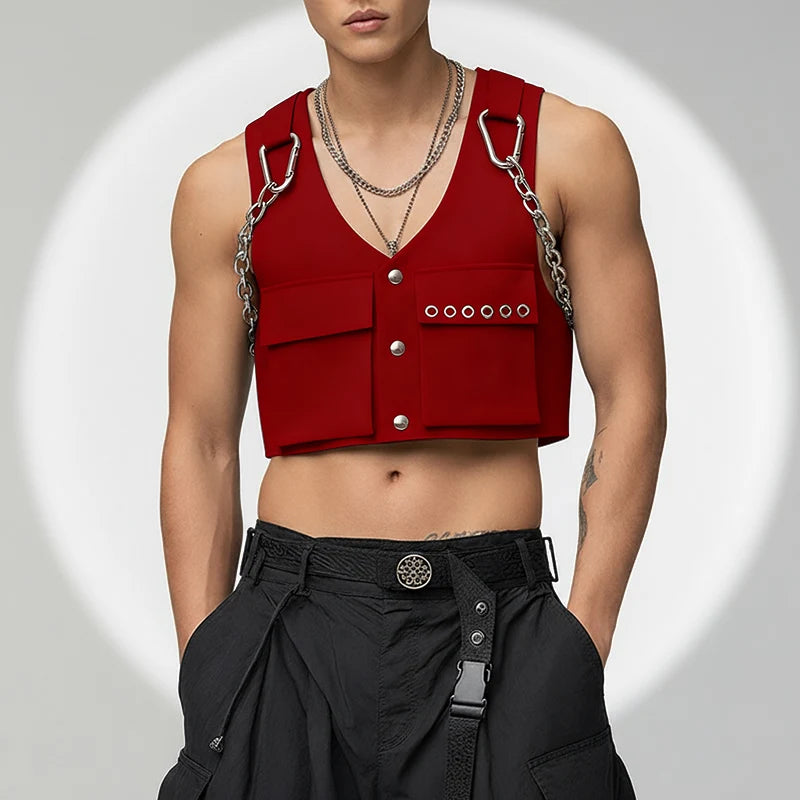 INCERUN Men's V-Neck Sleeveless Crop Vest — Solid Color Streetwear Waistcoat